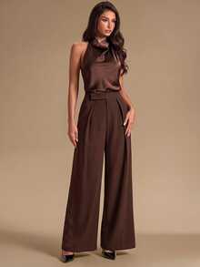 SHEIN Glamour 女款素色百褶休閒通勤西裝長褲 - 中紫紅色 - 查看 3