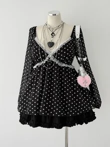 Sunspun Plus Size Polka Dot Ruffle Waist Blouse Sexy V-Neck Sheer Chiffon Lantern Sleeve Shirt - Black - View 3
