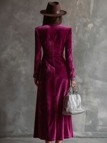 Balvessa Shawl Collar Double Breasted Placket Velvet Dress - Hot Pink - View 3