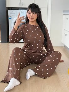 ZzzCrew Ribbed Heart Plus Size Women Pajama Set Casual Loungewear - Coffee Brown - View 8