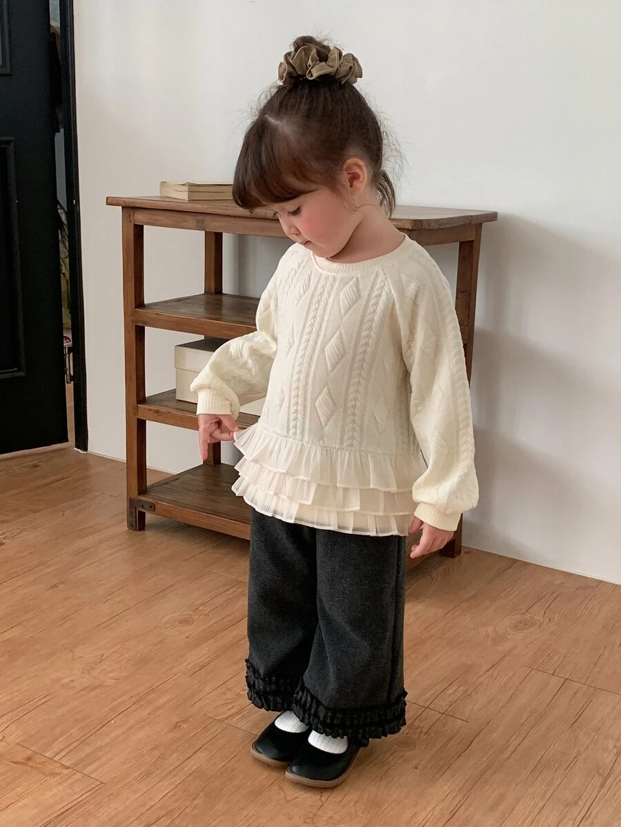 DAZY Baby Girl Round Neck Ruffle Trim Long Sleeve Korean Style One-Piece Casual Sweatshirt, Autumn/Winter - Apricot - View 1