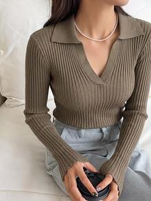DAZY Women's Solid Color Lapel Long Sleeve Business Casual Pullover Sweater - Camel - View 1