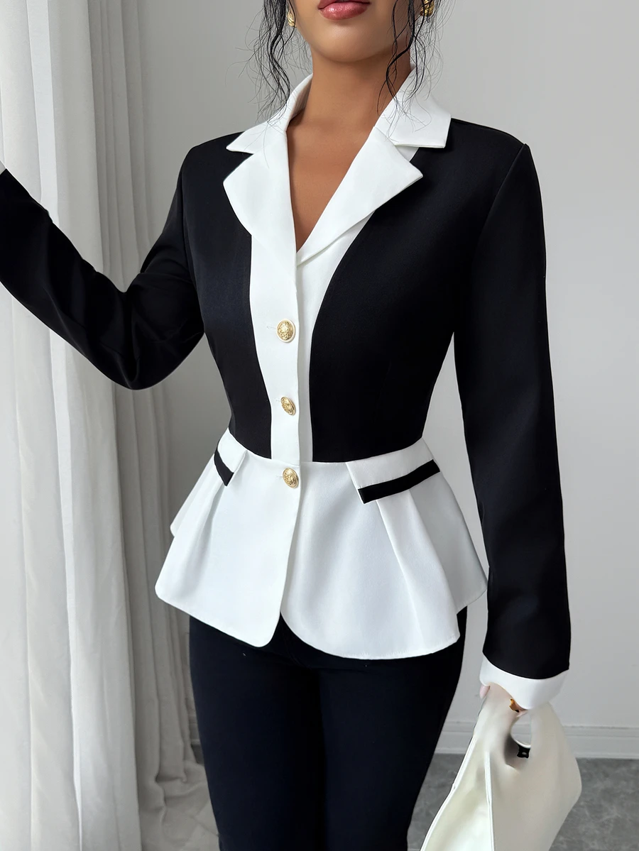 Elenzga Two Tone Lapel Neck Peplum Blazer - Black and White - View 1
