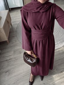Solavon Women's Solid Color Round Neck Flared Sleeve Ruched Waist Elegant Modest Long Dress Everyday Bday Burgundy Autumn - Burgundy - View 2