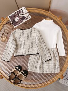 SHEIN Baby Girl Color Block Long Sleeve Jacket, Skirt And Solid Color Long Sleeve Top Set - Beige - View 2