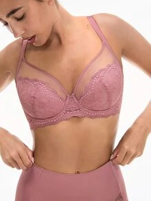 LUVLETTE Soft Woman Lingerie Lounge Curve Sheer Full Coverage Underwire Sexy Unlined Minimizer Lace Elegance & Mesh Bra Bridal Intimates Romantic Purple Bra - Coral Pink - View 5