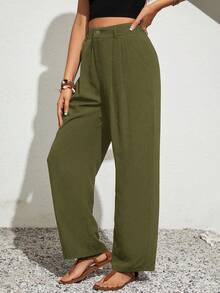 SHEIN VCAY Plus Size Casual Versatile Button Pocket Pleated Pants - Army Green - View 3
