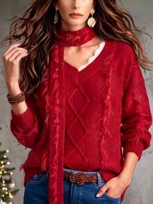 SHEIN Women's Sexy Plush Scarf And Long Sleeve Sweater Set - Red - View 4