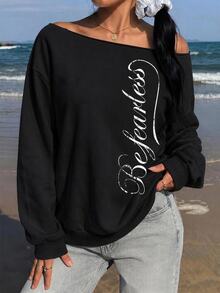 SHEIN EZwear 女款露肩寬鬆休閒長袖衛衣，街頭風英文時尚圖案，適合秋冬穿著 - 黑色 - 查看 5