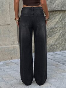 Muchica Women's Fashion Patchwork Embroidered Button Pocket Loose Fit Denim Jeans - Black - View 6