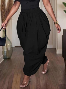 Slaydiva Plus Size Women's Pants, Olive Drawstring Side Draped Cuffed Harem Trousers Fall - Black - View 1