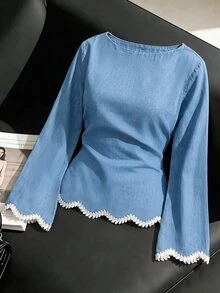 GlowEve Women's Round Neck Long Sleeve Patchwork Floral Lace Trim Denim Top - Blue - View 6