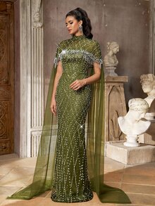 Aureia Elegant Champagne Sequin Embroidered Mesh Patchwork Stand Collar Shawl Strapless Long Evening Gown - Green - View 5