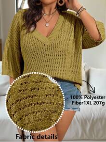 Vionelle Solid Color Loose Hollow Out Plus Size Pullover Sweater - Khaki - View 4
