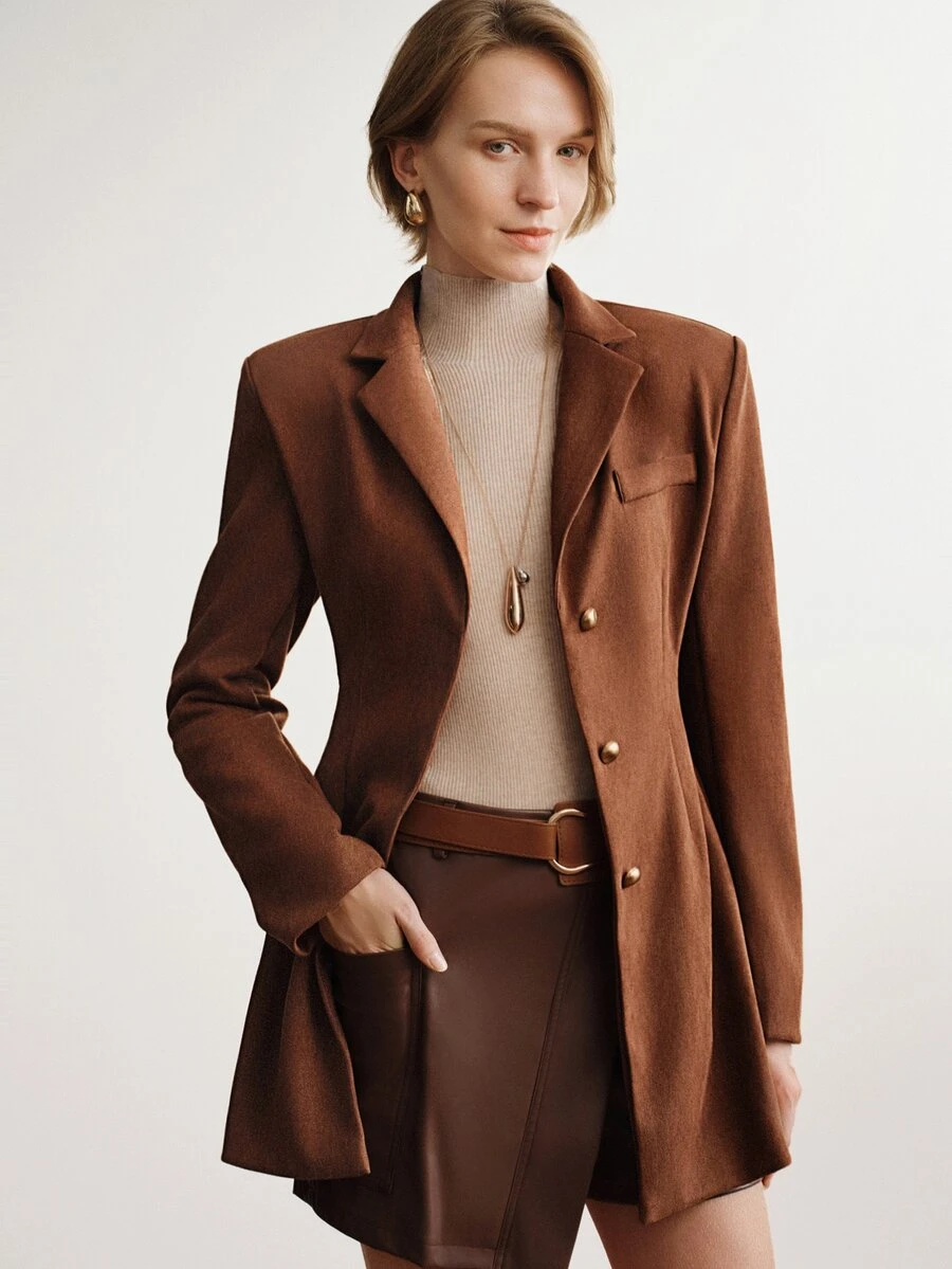 Briarwyn Autumn/Winter Suede Velvet Metal Button Waist-Cinching Commuter Blazer - Coffee Brown - View 1