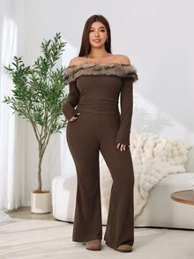 Solflare 大尺碼女款秋冬外出約會休閒通勤派對時尚都市多場景百搭兩件套，毛領保暖毛絨方領長袖修身T恤，高彈力羅紋針織喇叭褲，咖啡色組合 - 棕色 - 查看 4