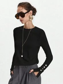 SHEIN Tall Crew Neck Slim Fit Versatile Button Detail Long Sleeve Knit Pullover Sweater - Black - View 5