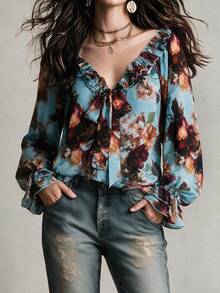 Linhara CURVE Casual Daily Street Vacation Ruffle Hem Random Print Women Plus Size Shirt - Multicolor - View 3