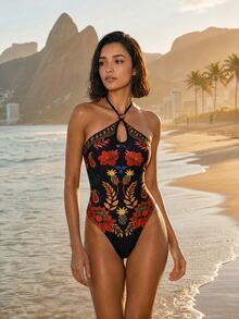 CAJUNI  Floral Print Halter Neck Casual Versatile Beach Wear One Piece Bikini - Multicolor - View 8