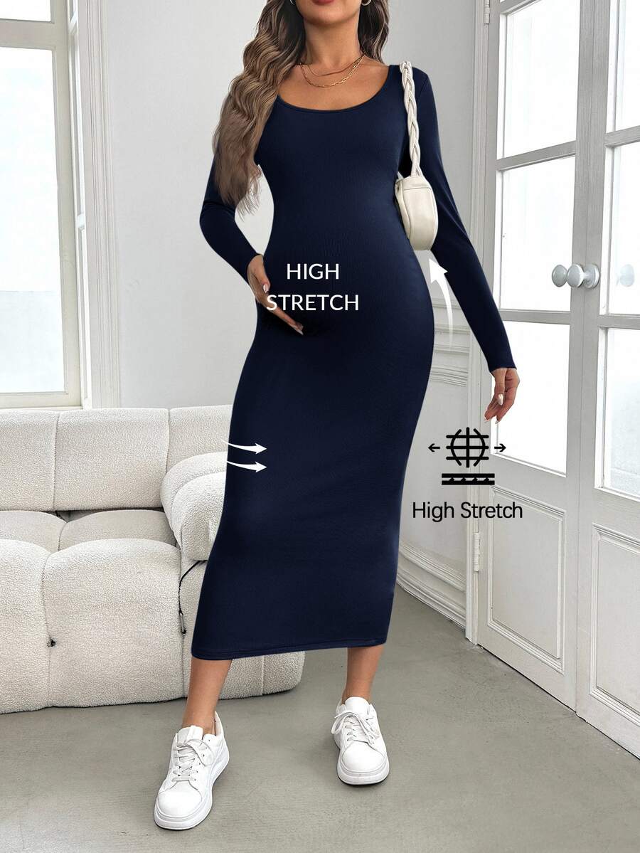 SHEIN 孕婦嬰兒派對女款洋裝 秋冬綠色長袖修身孕婦洋裝 - 藏蓝色 - 查看 1