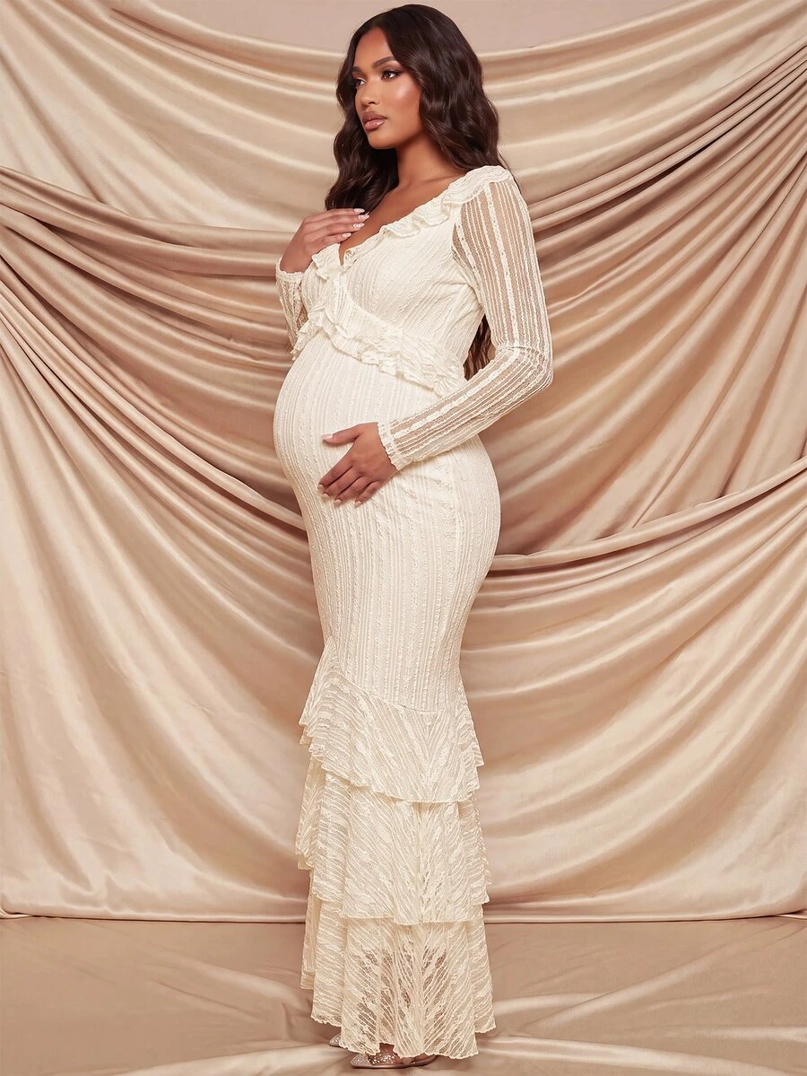 MaterniChic Vestido suave con volantes texturizados para maternidad - Albaricoque - Ver 1
