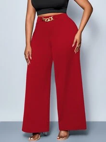 SHEIN CURVE+ 大尺碼女款純色腰帶裝飾寬腿長褲，適合四季穿著，適用於派對、演唱會、日常通勤風格、音樂節、浪漫場合、情人節、度假 - 紅色 - 查看 6
