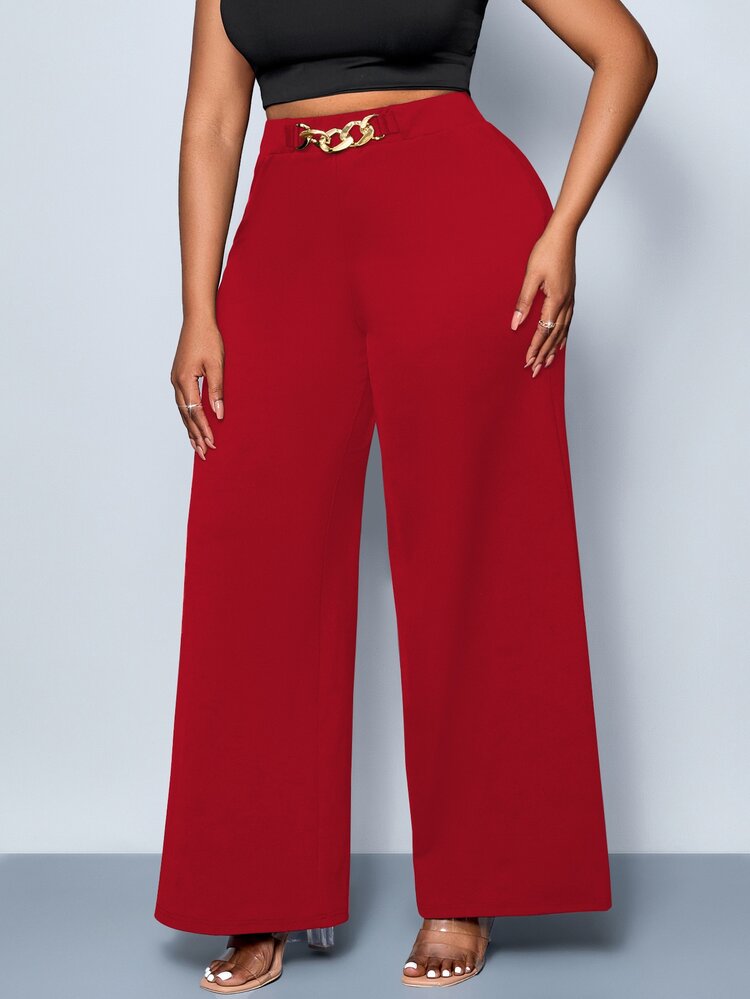 SHEIN CURVE+ بنطال نسائي مقاس كبير بلون موحد مع تفاصيل حزام وساق واسعة، بنطال مناسب لجميع الفصول، مناسب للحفلات والحفلات الموسيقية والتنقل اليومي ومهرجانات الموسيقى والرومانسية وعيد الحب والعطلات - الأحمر - مشاهدة 6