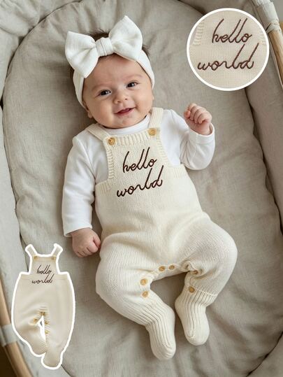 SHEIN Áo liền thân trẻ sơ sinh kiểu áo len unisex, romper có chân, jumpsuit yếm, mềm mại thoải mái, thêu tinh xảo thủ công tỉ mỉ, dễ thương, phù hợp mùa thu đông, màu mơ, thời trang thường ngày đa năng