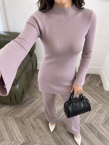 Veilorie Women's Solid Color Stand Collar Bell Sleeve Sweater And Knitted Long Pants Casual 2 Pieces Set - Pink - View 5