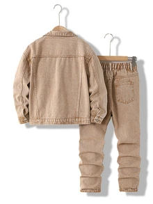SHEIN Setelan Dua Potong Keren untuk Anak Laki-Laki: Jaket Sobek dan Celana Jeans Slim Fit Nyaman dengan Desain Lusuh dan Modis untuk Anak Laki-Laki - Khaki - View 2