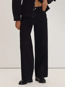 MUSEYN Black Denim Mid Rise Wide Leg Back Buckle Detail Jeans Versatile Everyday Casual Fall - Black - View 2