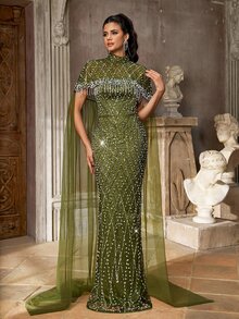 Aureia Elegant Champagne Sequin Embroidered Mesh Patchwork Stand Collar Shawl Strapless Long Evening Gown - Green - View 7