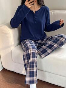 1 Set Girls' Plaid Pajama Set, Navy Blue Solid Color Half-Button Top, Blue & White Classic Plaid Print Pants, Soft Skin-Friendly Woven Fabric, Smooth Drape Comfortable (1 Set Sold Separately) - Multicolor - View 5