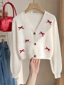 Comfortcana Plus Size Women's Bow Decor Long Sleeve Single-Breasted Knit Cardigan - Beige - View 3