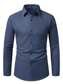 Manfinity Mode Kemeja Pria Lengan Panjang Kasual Bisnis Kancing Tunggal Motif Kotak-kotak - Biru - View 2