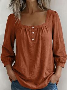 Weeklong Women Plus Size Spring Summer Casual Vacation Square Neck Button Mid Sleeve Solid Color Shirt, Suitable For Daily Wear And Vacation - Orange - View 1