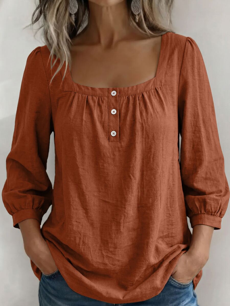 Weeklong Women Plus Size Spring Summer Casual Vacation Square Neck Button Mid Sleeve Solid Color Shirt, Suitable For Daily Wear And Vacation - Orange - View 1