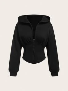 Coolane Street Punk Casual V-Neck Waist-Cinching Zipper Hooded Sweatshirt For Women Suitable For Autumn/Winter - Black - View 2