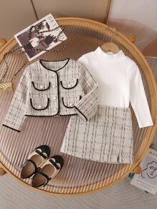 SHEIN Baby Girl Color Block Long Sleeve Jacket, Skirt And Solid Color Long Sleeve Top Set - Beige - View 1