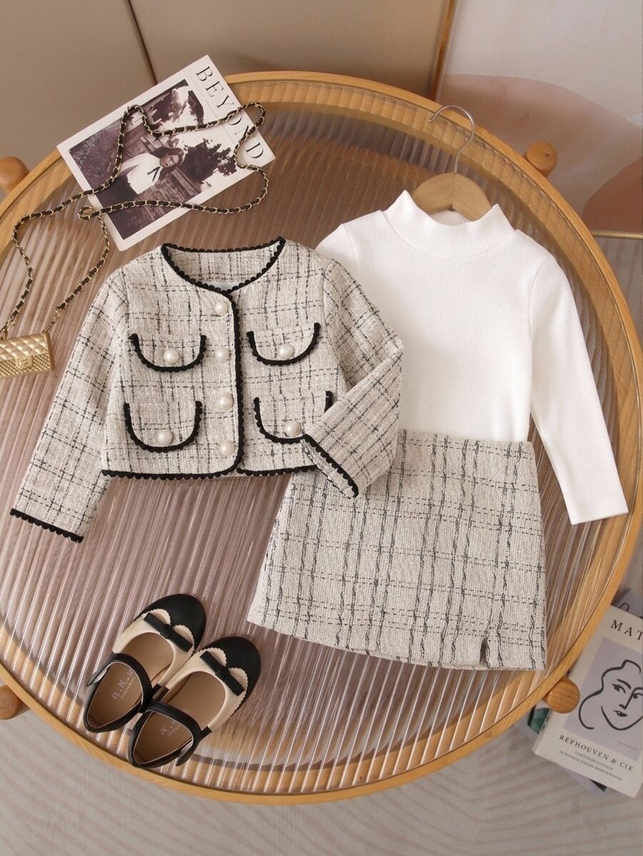 SHEIN Baby Girl Color Block Long Sleeve Jacket, Skirt And Solid Color Long Sleeve Top Set - Beige - View 1