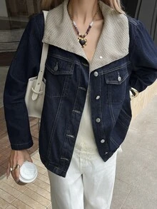 Strévra Women's Autumn Dark Wash Blue Denim Jacket, Loose Fit, Short Length, Long Sleeve, Turn-Down Collar, Button Closure, Pocket Decor - Dark Wash - View 3