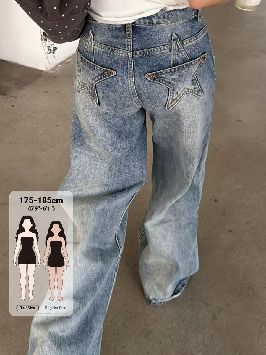 Dazy Tall Women's Star Decor Street Casual Straight Leg Jeans - Light Wash - View 1