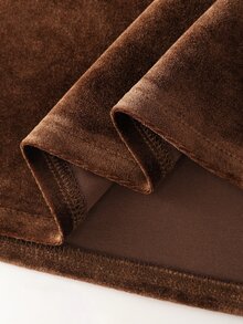 LUMIGAL Velvet Asymmetrical Shoulder Long Sleeve Women Casual Shirt + Velvet Elastic Waist Wide Leg Pants Two Pieces Set - Coffee Brown - View 8