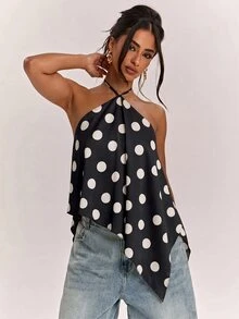 SHEIN BAE 女款性感波點印花不對稱下擺掛脖繫帶背心 - 黑色 - 查看 4