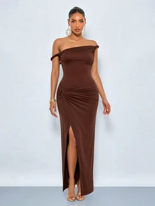 SOLERSUN Autumn/Winter Women's Party Dress, Brown Elastic Fabric, Asymmetrical Shoulder Twisted Knot, Hip Ruched Twist, Front Side Slit, Extra Long Dress - Coffee Brown - View 4