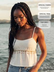CAJUNI Spaghetti-Strap Top Featuring Special Shell-Style Fabric And Trim; Perfect For A Chic, Elegant, And Casual Summer Vacation Look. - Beige - View 11