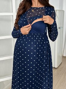 SHEIN Polka Dot Print Round Neck Long Sleeve Elegant Maternity Nursing Dress Fall - Blue and White - View 2