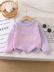SHEIN Sweater Rajut Gradien Ombre untuk Anak Perempuan, Atasan Rajut Pullover Leher Bulat, Blus Serbaguna dari Benang Lembut untuk Anak Perempuan - MultiWarna - View 1