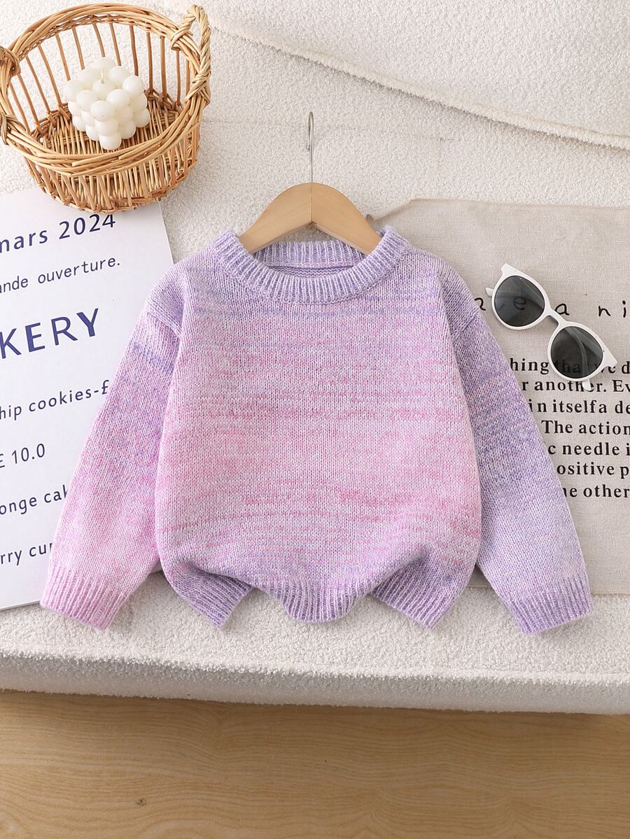 SHEIN Sweater Rajut Gradien Ombre untuk Anak Perempuan, Atasan Rajut Pullover Leher Bulat, Blus Serbaguna dari Benang Lembut untuk Anak Perempuan - MultiWarna - View 1