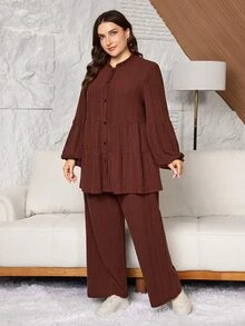 Lacomfia Plus Size Women Stand Collar, Lantern Split Long Sleeve, Fuzzy Textured, Split Stand Collar Shirt Top Patchwork Ribbed Casual Autumn Winter Loose Comfortable Two Pieces Set - Coffee Brown - View 6